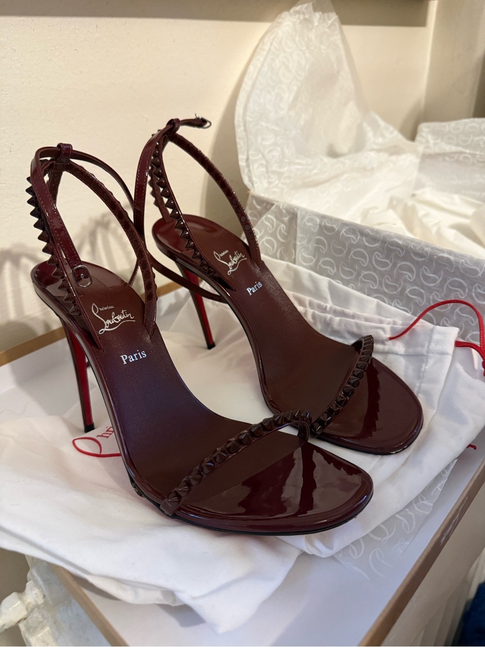 Christian Louboutin Wine Red Patent Leather Braided Slingback Heels